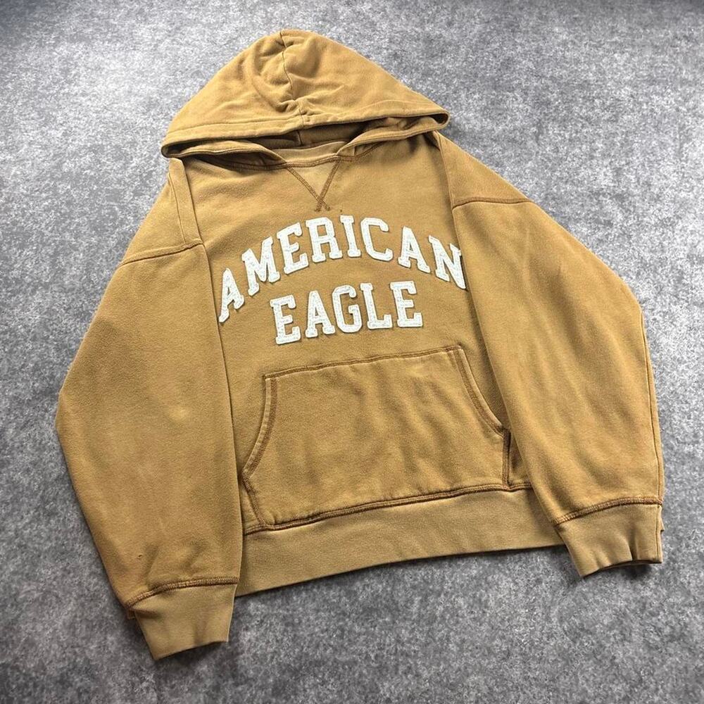 American Eagle Women’s S Brown Boxy Applique Varsity Spellout Hoodie Y2K